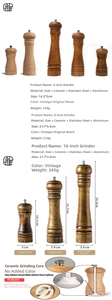 Detailed comparison of oak pepper mills in three sizes with internal ceramic core specs