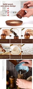 Detailed view of six-step instructions for using the oak wood manual pepper grinder
