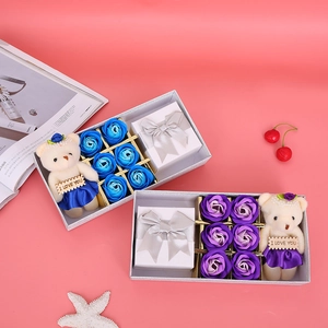Soap rose gift box set featuring six flowers, a teddy bear, and a small jewelry case
