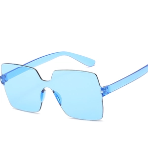 Modern oversized square rimless sunglasses in bright blue with a trendy seamless design