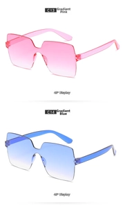 Detail view of pink and blue gradient rimless sunglasses with transparent temples