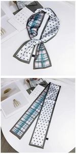 Double-sided twilly scarf featuring white polka dots and pink green plaid patterns