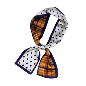 Polyester skinny scarf with yellow vintage plaid and blue polka dots design