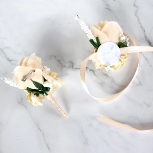 Champagne artificial flower set with groom boutonniere and bridesmaid wrist corsage