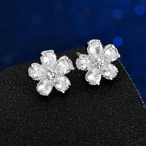 Elegant silver flower earrings with red ruby corundum and 925 sterling silver pins