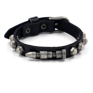 Punk style cowhide leather bracelet for men featuring metal rivets and bullet charms