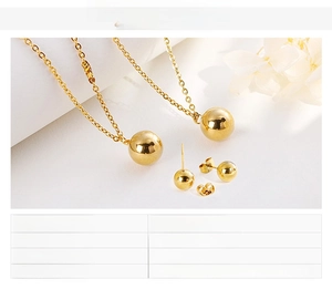 Detail view of gold stainless steel spherical jewelry set with dimensions and weights