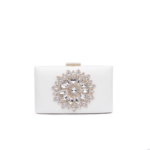 Elegant white rhinestones evening clutch bag with gold clasp and crystal sunburst pattern