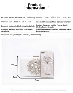 Elegant white rhinestone evening clutch bag with detachable chain strap and size info