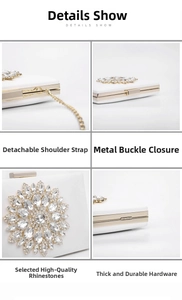 Close-up details of luxury white evening clutch with crystal flower and gold chain