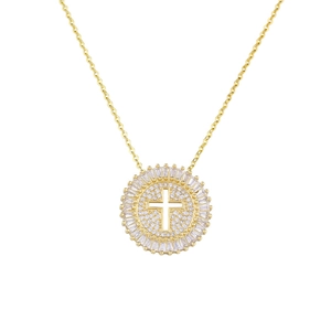Elegant gold-plated hollow cross pendant necklace with sparkling cubic zirconia pavé