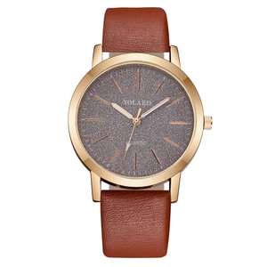 Yolako women quartz watch with brown leather strap and gold case on white background