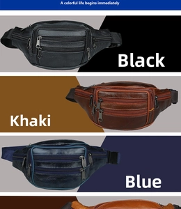 Dettaglio dei marsupi in pelle in nero, kaki e blu con tasche con cerniera lampo