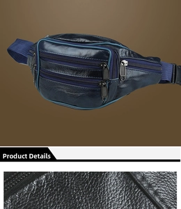 Vista macro del marsupio in pelle blu navy con dettagli delle tasche con cerniera