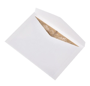 Close-up of laser-cut brown wedding card with white envelope and rustic hemp twine