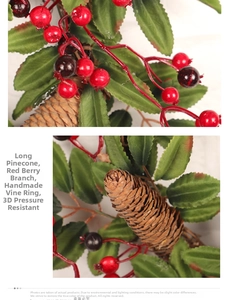 Détails d'une couronne de Noël artisanale avec des pommes de pin et des baies rouges