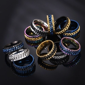Macro shot of stainless steel spinner rings with rotating chain detail in multiple colors