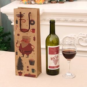 Christmas kraft paper wine gift bag with festive Santa illustrations and woven handles