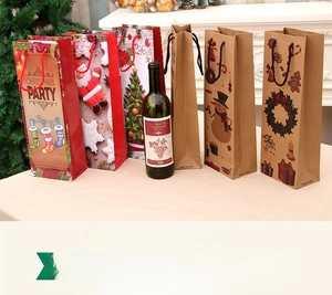 Detailed view of Christmas wine gift bags with festive patterns and sturdy handles