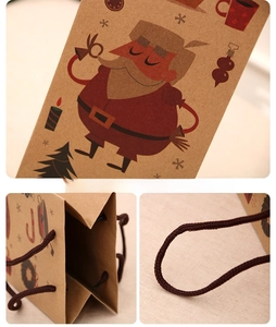 Detail of kraft paper Christmas wine bag with Santa Claus print and rope handle