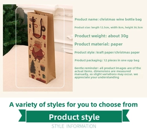 Detailed view of Kraft paper Christmas wine gift bag featuring festive Santa and tree patterns