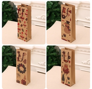Four festive kraft paper wine gift bags with Santa and snowman patterns for Christmas