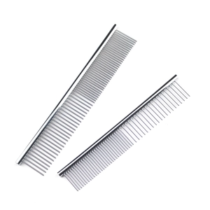 Close-up of dual stainless steel pet grooming combs with fine and coarse rounded teeth
