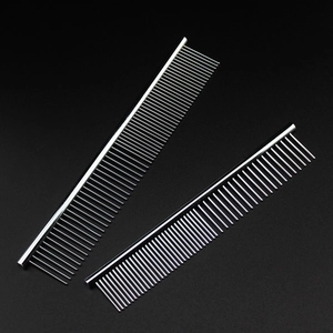 Dual-size stainless steel pet grooming comb set with fine and coarse teeth in silver finish
