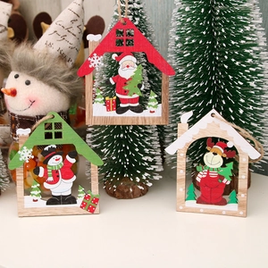 Set of 3 hollowed-out wooden Christmas tree ornaments featuring Santa, snowman, and reindeer