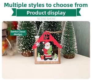 Macro detail of laser-cut wooden Santa Claus ornament in a red house frame