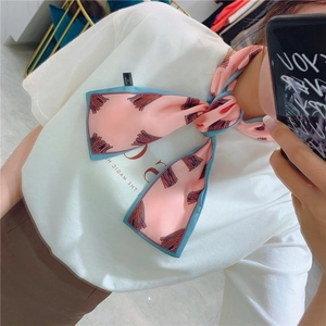 Detailed view of pink and blue silk twilly scarf tied in a bow around the neck
