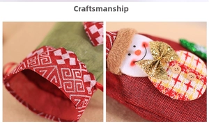 Detail of Christmas snowman drawstring gift bag with sequins and wooden button