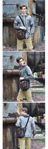 Three-way view of a grey canvas messenger bag with brown leather accents and multi-pockets