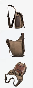 Detailed view of canvas messenger bag showing mesh side pockets and adjustable strap