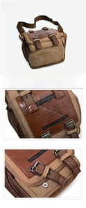 Detail of vintage canvas messenger bag showing magnetic closure and embossed logo