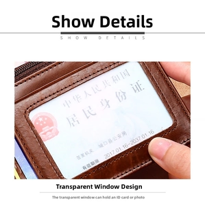 Détail du portefeuille en cuir RFID montrant la fenêtre d'identité et les coutures