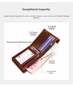 Détail portefeuille en cuir marron montrant fentes RFID, poche monnaie et compartiments
