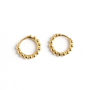 Minimalist s925 silver golden beaded hoop earrings for women on white background
