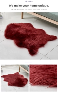 Macro view of burgundy faux sheepskin rug texture showing soft long pile for home decor