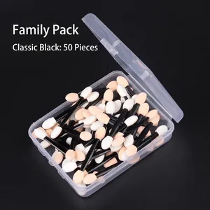 Detailed macro view of 50 dual-sided sponge eyeshadow applicators in a clear storage box