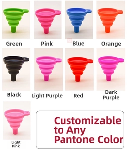 Nine colors of foldable silicone kitchen funnels with collapsible design and hanging holes