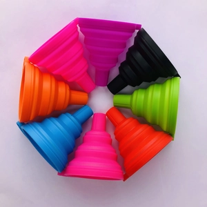 Set of eight multi-color collapsible silicone funnels arranged in a circular layout