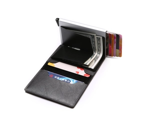 Detail of slim RFID aluminum wallet showing the card pop-up mechanism and leather cash holder