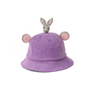 Purple corduroy sun hat for kids featuring cute 3D bunny ears and plush rabbit decoration