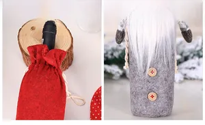 Close-up of Christmas gnome wine bottle cover with grey felt fabric and wood button detail