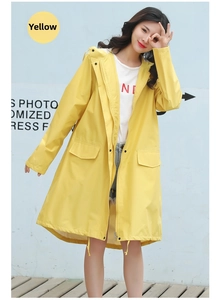 Detail of yellow long hooded raincoat with dual zipper and button closure and large pockets
