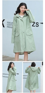 Detail view of a light green hooded raincoat with drawstring and snap pockets in three angles
