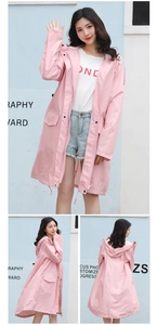 Three-way view of pink hooded waterproof raincoat with adjustable drawstrings and large pockets