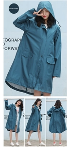 Detail of blue-green hooded raincoat with zipper, snap buttons and side pockets