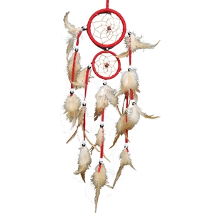 Double-ring red dream catcher with beige feathers for wall hanging home decor